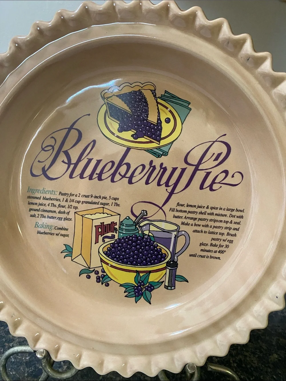 Vintage Ceramic Blueberry Pie Baking Dish with Cover
